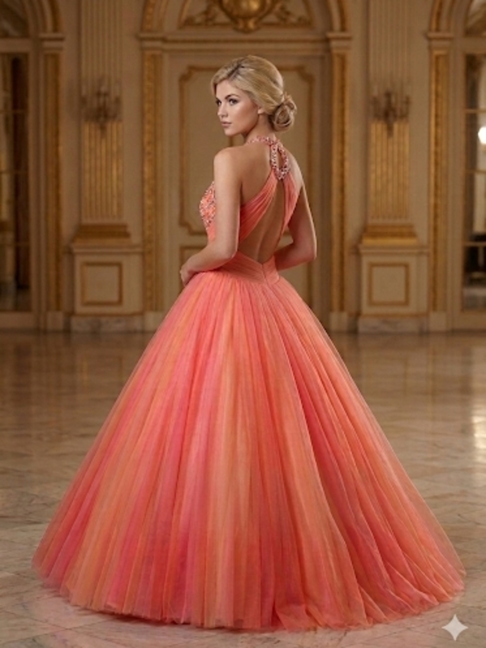 Mac Duggal‎ Coral-Peach Halter Tulle Ball Gown - Picture 2 of 11
